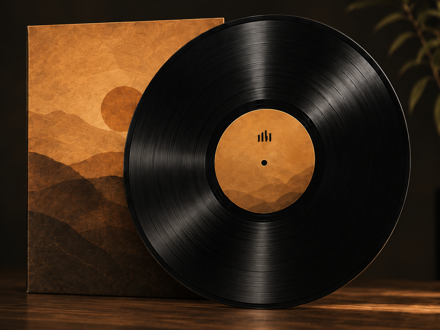 Vinilo negro y una portada de montañas en tonos ámbar